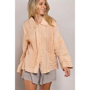 POL Apricot Pleated Wide Long Sleeve Button Down Shirt Size M